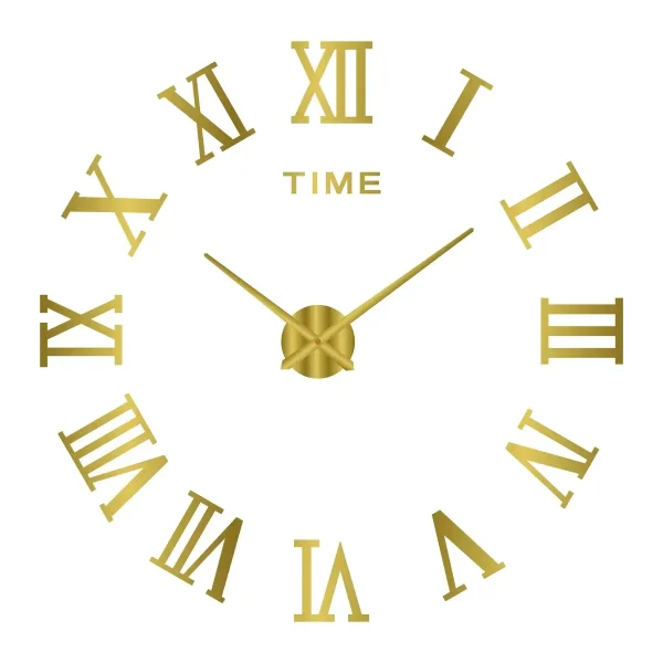 Uhr mit römischen Ziffern und goldfarbenem Zifferblatt, modernes Design, dekoratives Element für Wissenschafts- und Dekorationsliebhaber.