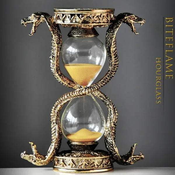 Antike Drachen-Sanduhr aus Metall mit goldfarbenem Sand, kunstvolles Design, perfekt für Wissenschafts- und Dekorationsliebhaber.