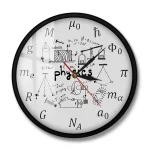 Wanduhr mit physikalischen Formeln, Diagrammen und wissenschaftlichen Symbolen, ideal für Wissenschafts- und Physikliebhaber.