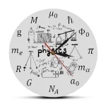 Moderne Wanduhr mit physikalischen Symbolen, Formeln und wissenschaftlichen Illustrationen, ideal für Wissenschafts- und Dekorationsliebhaber, verbindet Funktionalität mit Wissenschaftsdesign.
