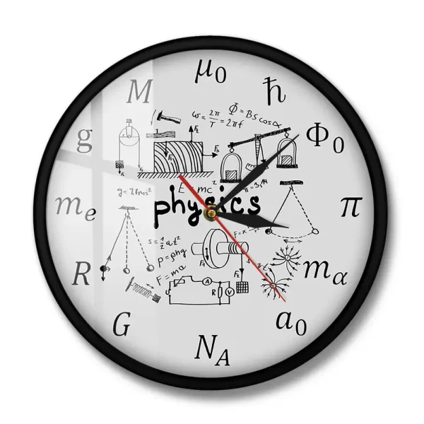 Wanduhr mit physikalischen Formeln, Diagrammen und wissenschaftlichen Symbolen, ideal für Wissenschafts- und Physikliebhaber.