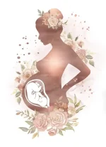 Silhouettenbild einer schwangeren Frau mit Blumen und einer Baby-Illustration, symbolisiert Schwangerschaft und Mutterschaft.