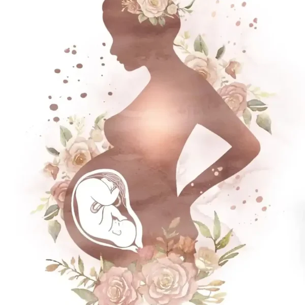 Silhouettenbild einer schwangeren Frau mit Blumen und einer Baby-Illustration, symbolisiert Schwangerschaft und Mutterschaft.
