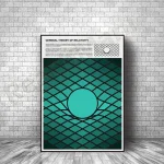 Wissenschaftliches Poster zur Allgemeinen Relativitätstheorie mit geometrischem Design und Text, ideal für Bildungs- und Wissenschaftsdekorationen.