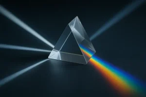 Transparentes Prisma, das Licht bricht und in einen Regenbogen zerlegt, zeigt physikalische Optik in Aktion. Perfekt für wissenschaftliche Dekorationen und Lehrmaterialien.