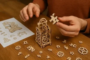Person beim Zusammenbauen einer Holz-Puzzleuhr mit mehreren kleinen Holzteilen auf einem Tisch, Anleitung im Hintergrund.