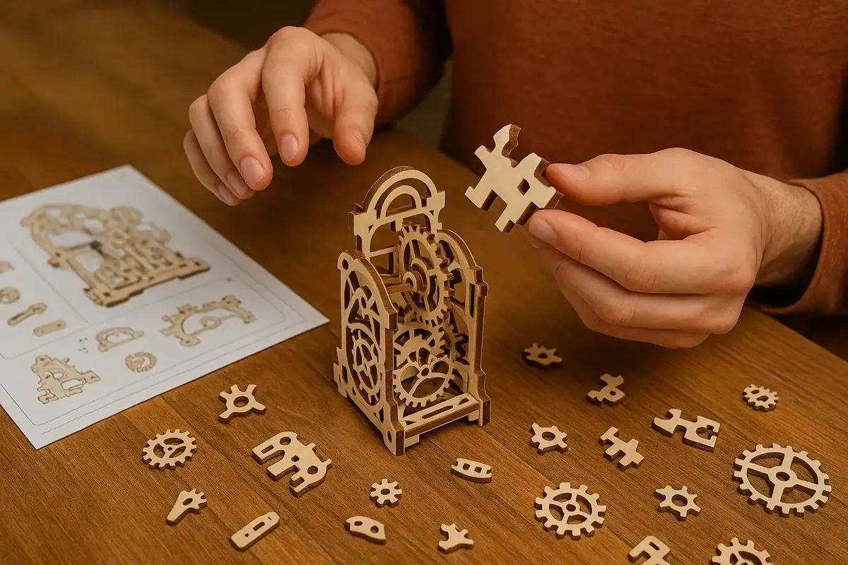 Person beim Zusammenbauen einer Holz-Puzzleuhr mit mehreren kleinen Holzteilen auf einem Tisch, Anleitung im Hintergrund.