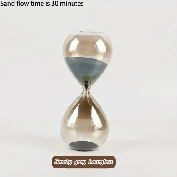Dekorative Sanduhr mit grauem Sand, zeigt eine Laufzeit von 30 Minuten, ideal für Zeitmessung und als stilvolles Accessoire.