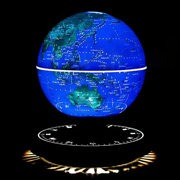 Leuchtender digitaler Globus mit Weltkarte, der auf einem schwarzen Hintergrund schwebt, ideal für wissenschaftliche Dekorationen und Bildungszwecke.