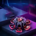 Modernes Quantencomputer-Design mit leuchtenden Komponenten auf schwarzem Hintergrund, futuristische Technologie für wissenschaftliche Forschung.