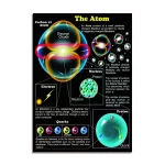 Detaillierte wissenschaftliche Illustration des Atoms mit Elektronenschichten, Protonen, Neutronen und Quarks, zeigt die Struktur und Komponenten des Atoms.