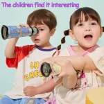 Zwei Kinder mit wissenschaftlichen Teleskopen, die neugierig in die Ferne blicken, um die Welt zu erkunden, ideal für Bildungs- und Entdeckungszwecke.