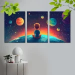 Inspirierendes Wandbild mit kindlicher Silhouette, die auf einer Erde im All sitzt, umgeben von bunten Planeten und Sternen, ideal für Raumfahrt- und Wissenschaftsdekoration.