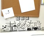 Illustration mit chemischen Reagenzgläsern, Mikroskopen und wissenschaftlichen Symbolen, ideal für wissenschaftliche Dekorationen und Bildungszwecke.