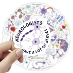 Wissenschaftlicher Aufkleber mit Nervenzellen und der Aufschrift "Neurobiologen haben viele Nerven" für Dekoration und Bildung.