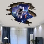 Raumdekor mit Astronaut im Weltraum, 3D-Wandtattoo, realistische Raumfahrt-Szene, für Science-Fiction-Fans, modernes Interieur.