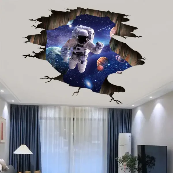Raumdekor mit Astronaut im Weltraum, 3D-Wandtattoo, realistische Raumfahrt-Szene, für Science-Fiction-Fans, modernes Interieur.