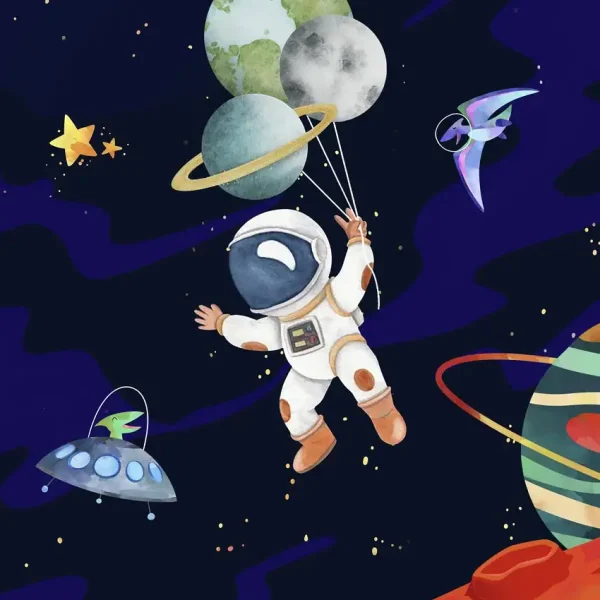 Illustration eines Astronauten im Weltraum, umgeben von Planeten, Sternen und Raumschiffen, mit einem Hintergrund voller Sterne und kosmischer Objekte.