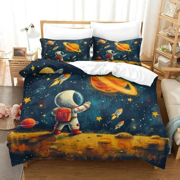 Raumfahrt-Bettwäsche mit Astronauten, Planeten und Sternen, perfekt für Kinderzimmer, hochwertiger Stoff, bequem und langlebig.
