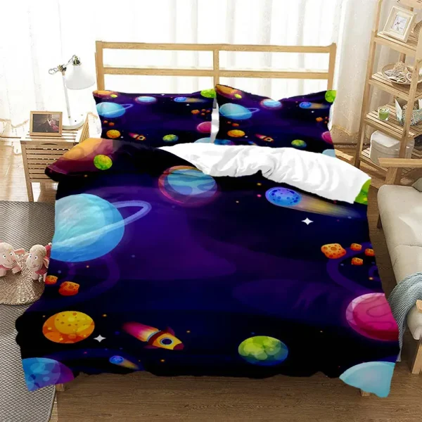 Raumfahrt-Bettwäsche mit Planeten, Raketen und Sternen, ideal für Weltraumfans, für Kinder und Jugendliche, hochwertiger Druck, modernes Design.