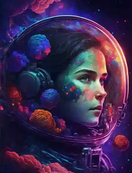 Künstliches Kunstwerk eines Mädchens im Astronautenhelm mit bunten, leuchtenden Nebeln und Planeten im Hintergrund, symbolisiert Weltraumforschung und Wissenschaft.