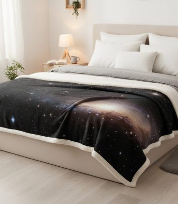 Bettdecke mit Galaxie-Design, zeigt ein beeindruckendes Bild des Universums mit Sternen und Nebeln, perfekt für Science-Fans und Astronomie-Liebhaber.