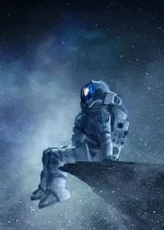 Ein Astronaut sitzt nachdenklich auf einem Felsen im Weltall, umgeben von Sternen und Galaxien, mit einem Helm, der das Licht reflektiert.