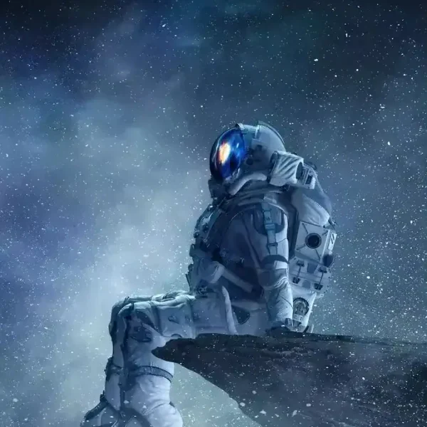 Ein Astronaut sitzt nachdenklich auf einem Felsen im Weltall, umgeben von Sternen und Galaxien, mit einem Helm, der das Licht reflektiert.