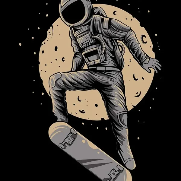 Raumfahrer im Raumanzug auf einem Skateboard, vor einem großen Vollmond und Sternenhimmel.