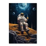 Raumfahrer im Astronautenanzug sitzt auf einem Planeten, hält eine Flasche und blickt in den Himmel mit Planeten und Mond im Hintergrund.