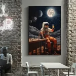 Astronaut im Raumanzug sitzt an einem Tisch mit wissenschaftlichen Proben, vor einem Hintergrund mit Planeten und Mond.