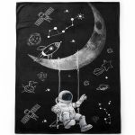 Astronauten-Teppich mit Mond, Sternen und Raumfahrtmotiven, ideal für Kinderzimmer oder Wissenschaftsdekoration.