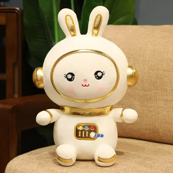 Kuscheliger Hasenroboter mit goldenen Akzenten, der als dekoratives Wissenschaftsspielzeug dient. Perfekt für Sammler und Liebhaber einzigartiger wissenschaftlicher Dekorationen.