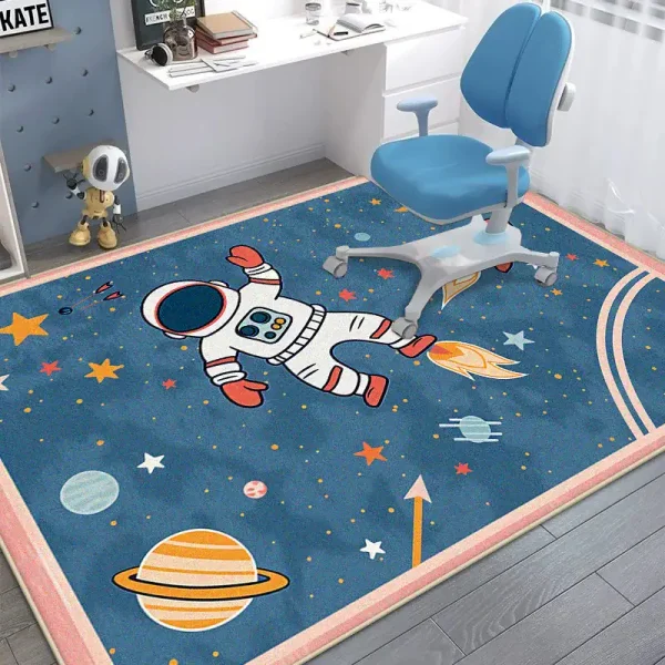 Raumfahrt-Teppich mit Astronauten, Planeten und Sternen, ideal für Kinderzimmer, farbenfroh und thematisch gestaltet.