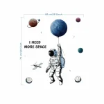 Illustration eines Astronauten, der einen Ballon hält, umgeben von Planeten und Raumobjekten, mit dem Text "I NEED MORE SPACE" auf einem wissenschaftlichen Hintergrund.