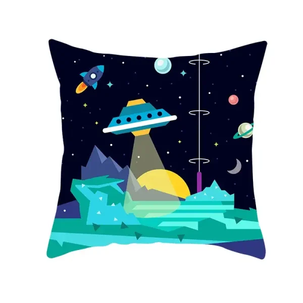 Kissen mit Weltraummotiv, UFO, Planeten und Sternen.