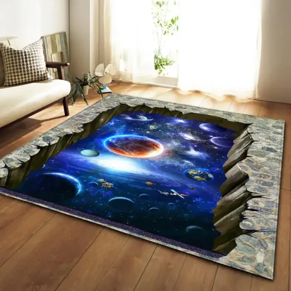 3D-Weltraum-Teppich mit Planeten und Galaxien.