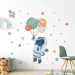 Niedliches Wandbild mit Astronauten, Planeten und Rakete für Kinderzimmer, fördert Fantasie und Interesse an Raumfahrt.