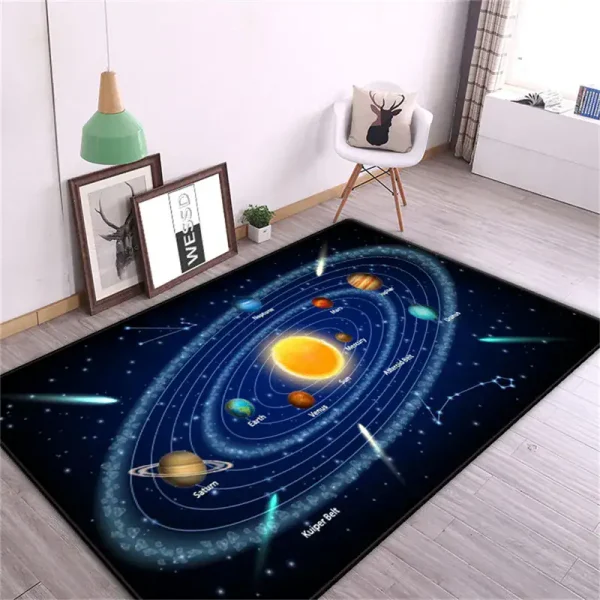 Realistischer Sonnensystem-Teppich mit Planeten und Sternen, ideal für Kinderzimmer oder Lernräume, fördert das Interesse an Astronomie und Wissenschaft.