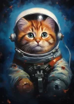 Niedliche Katze in Astronautenhelm und Raumanzug, die im Weltraum schwebt, mit funkelnden Sternen im Hintergrund. Perfekt für Science-Fiction- und Weltraumdekorationen.