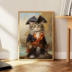 Kunstdruck eines Katzenpiraten im Rahmen, detailreiches Gemälde mit Piratenkostüm, maritime Kulisse, humorvoller Katzencharakter, ideal für Dekorationen, hochwertiger Kunstdruck.