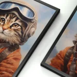 Illustration einer Katze in Fliegerjacke mit Helm und Brille, die als Pilot dargestellt wird, in einem modernen Rahmen.