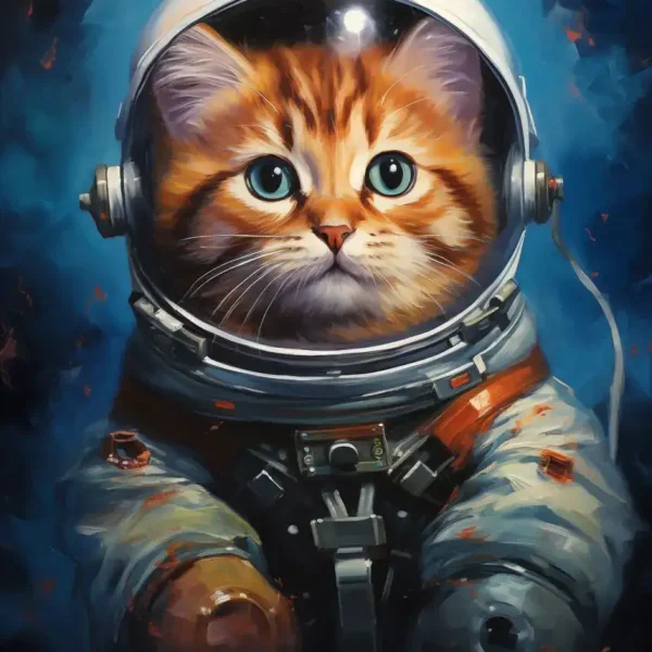 Niedliche Katze in Astronautenhelm und Raumanzug, die im Weltraum schwebt, mit funkelnden Sternen im Hintergrund. Perfekt für Science-Fiction- und Weltraumdekorationen.
