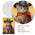 Niedliches Katzenbild im Cowboy-Outfit mit Hut und Weste, detailreich und farbenfroh, ideal für Dekorationen und wissenschaftliche Gadgets.