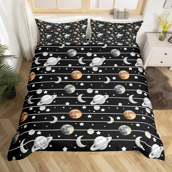 Bettwäsche mit Weltraum-Motiv, Planeten, Monde, Sterne und Mondsicheln, perfekt für Weltraumfans, modernes Design, hochwertiger Stoff, für Kinder und Erwachsene geeignet.