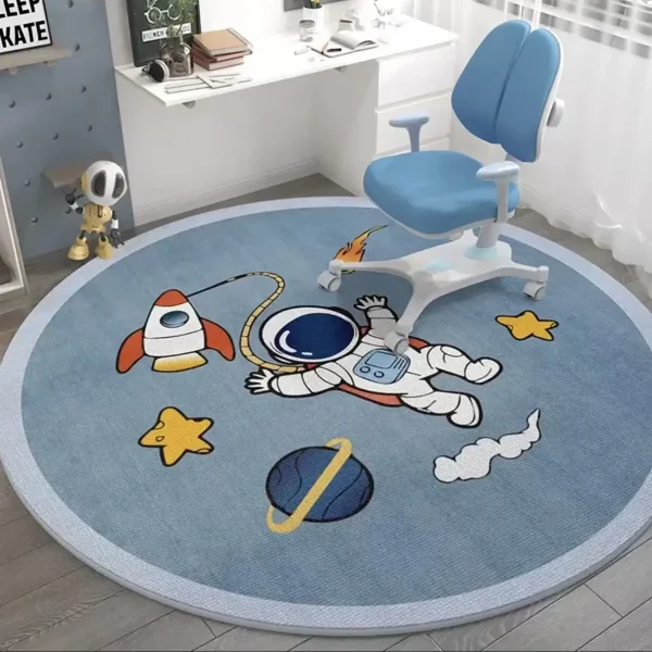 Rundteppich mit Weltraum-Motiv, Astronaut, Rakete, Planeten und Sternen, ideal für Kinderzimmer, wissenschaftliche Dekoration.