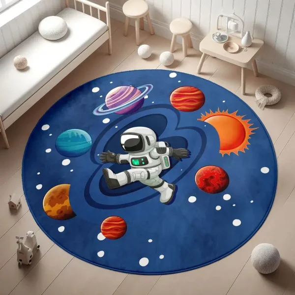 Bunter Weltraum-Teppich mit Astronaut und Planeten, ideal für Kinderzimmer, fördert Fantasie und Interesse an Astronomie.