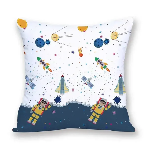 Hochwertiger Kissenbezug mit Weltraummotiv, Astronauten, Raketen und Planeten, ideal für Science-Fans und Dekoration im Raum.