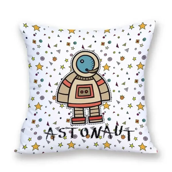 Dekorativer Kissenbezug mit einem niedlichen Astronautenmotiv und Sternen, ideal für Science-Fan-Dekorationen oder Kinderzimmer.