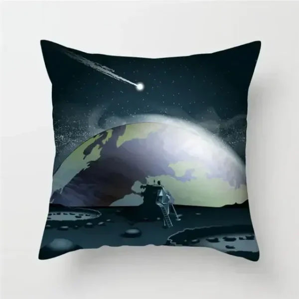 Kissen mit Weltraummotiv, Mond, Erde und Sternschnuppe, ideal für Science-Fans.